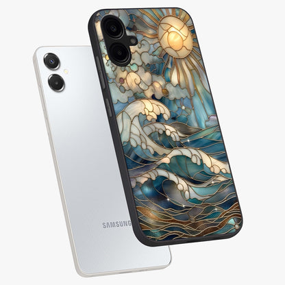Oceanic Stained Printed Glass Case displayed in angled mockup highlighting colorful aquatic design with artistic aesthetic style.