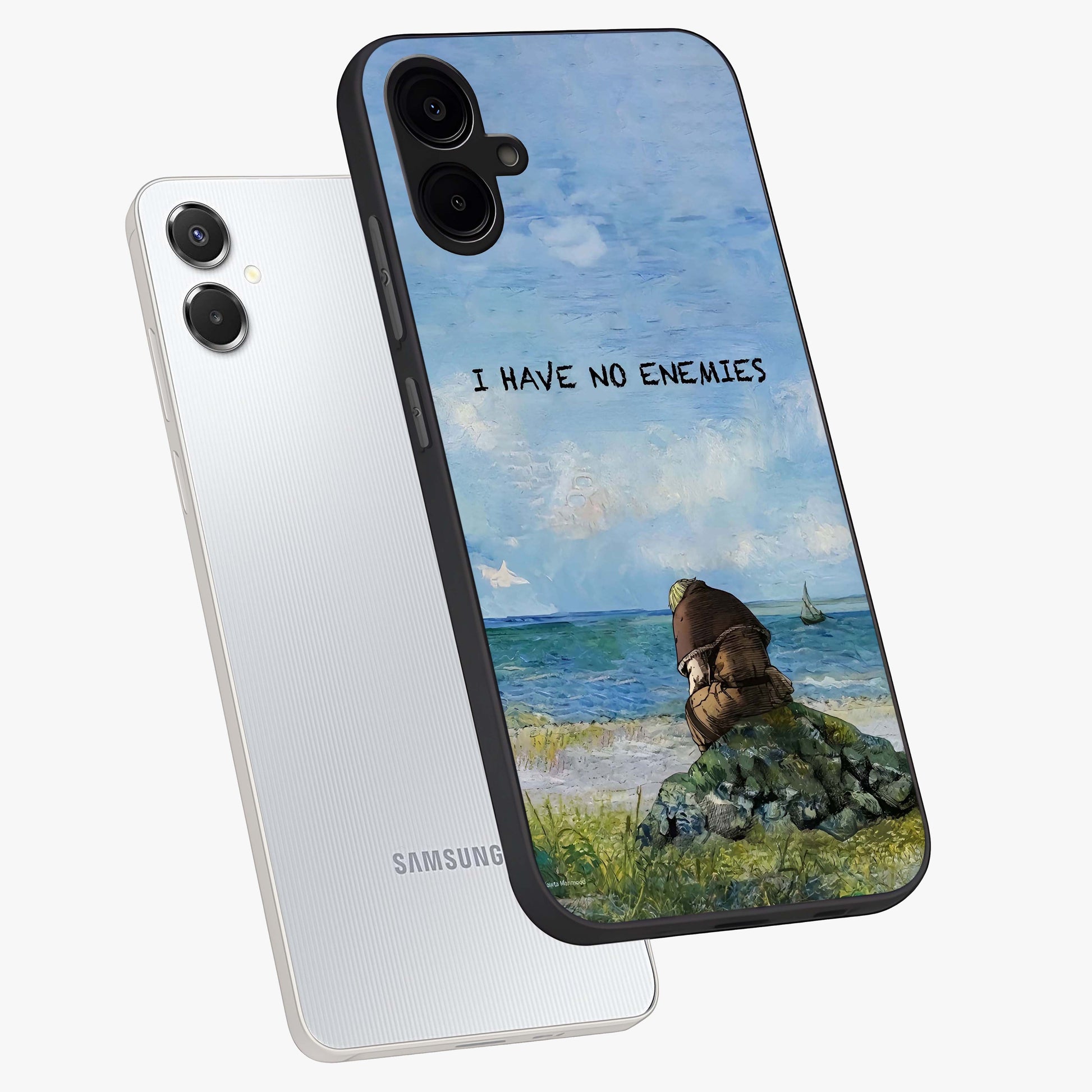 Peace Beyond War Glass Case displayed in angled mockup highlighting meaningful message design with artistic aesthetic style.