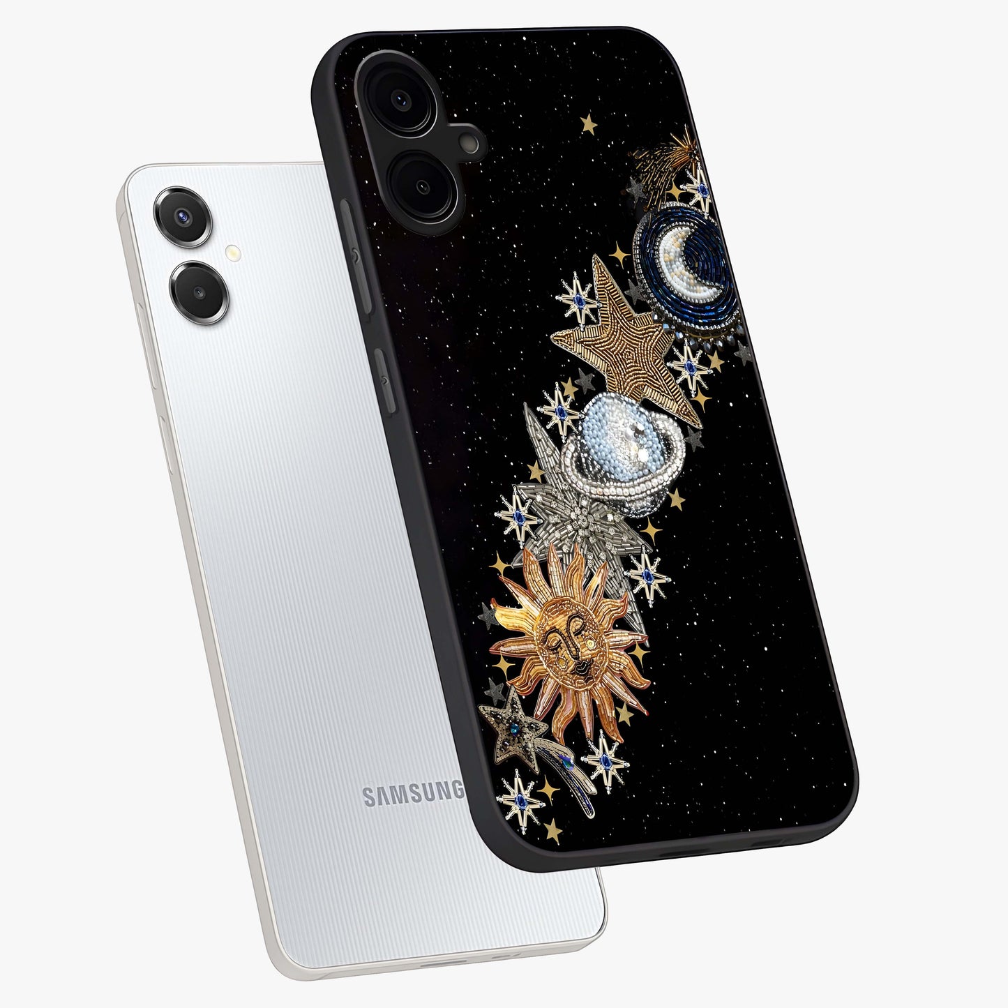 Pearls Universe Object Glass Case displayed in angled mockup highlighting celestial pearl design with dreamy aesthetic.