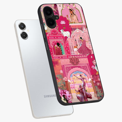 Pink Palace Muse Glass Case displayed in angled mockup highlighting dreamy palace illustration with soft pink aesthetic.