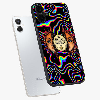 Psychedelic Sun Glass Case displayed in angled mockup highlighting vibrant abstract sun design with artistic aesthetic style.