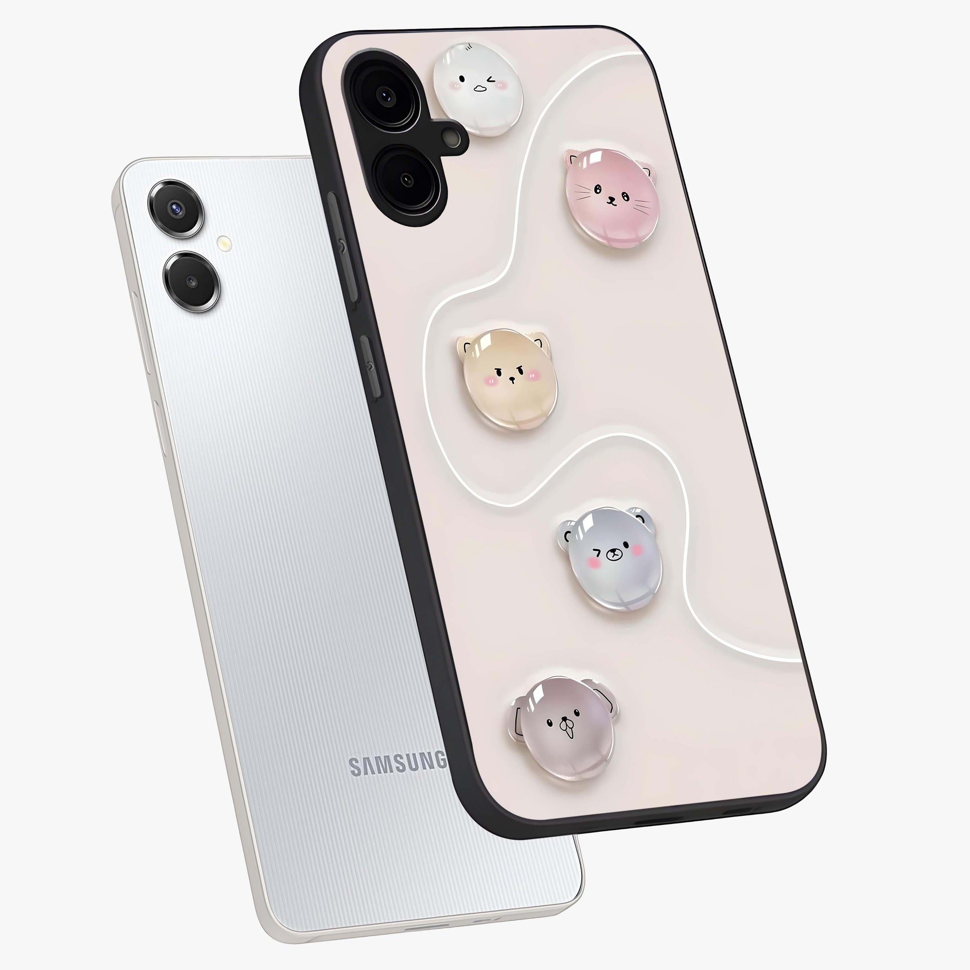 Puffy Face Parade Glass Case displayed in angled mockup highlighting playful cartoon face design with fun aesthetic.