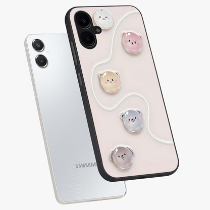 Puffy Face Parade Glass Case displayed in angled mockup highlighting playful cartoon face design with fun aesthetic.