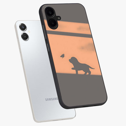 Puppy Shadow Art Glass Case displayed in angled mockup highlighting playful dog illustration with artistic shadow aesthetic.