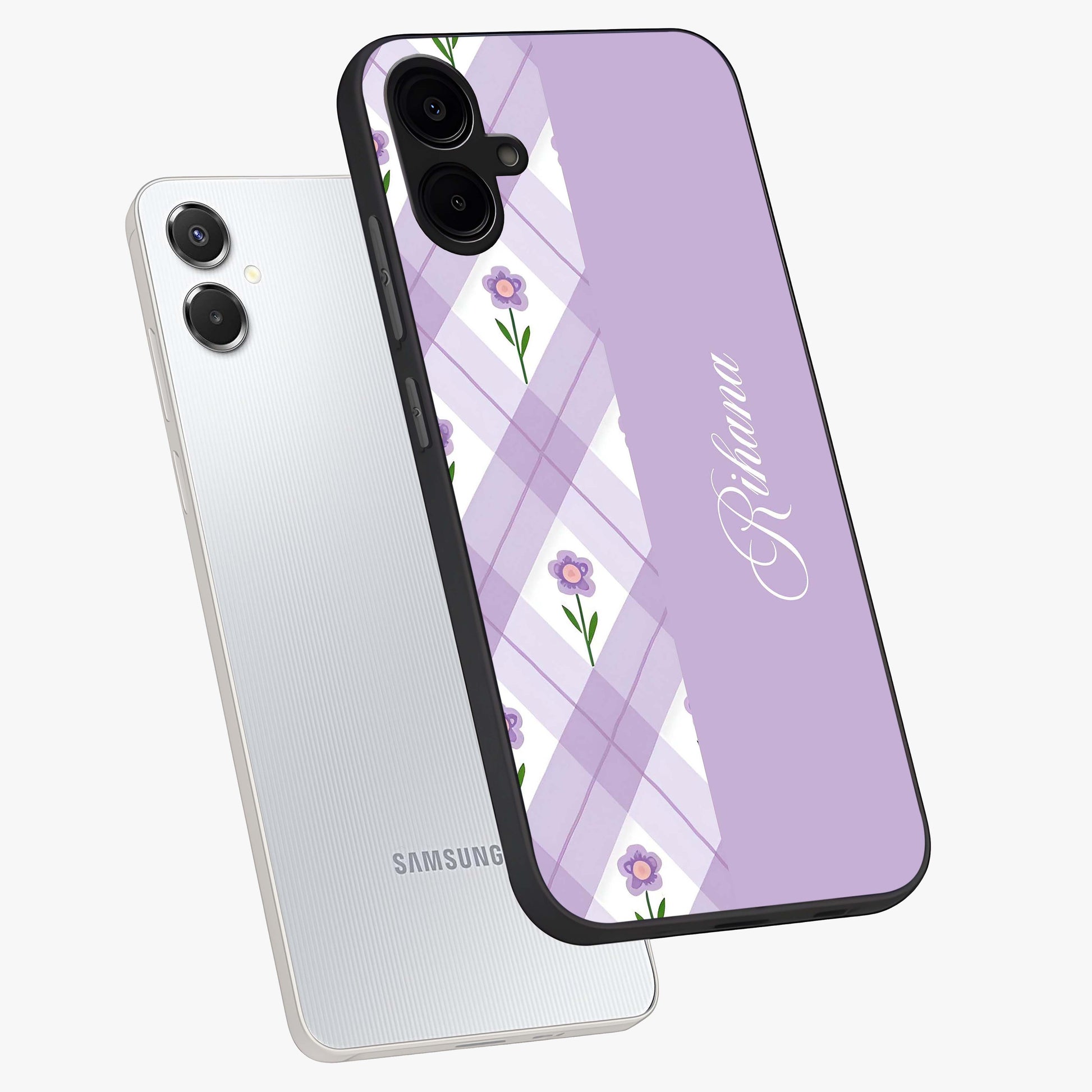 Purple Diamond Floral Glass Case displayed in angled mockup highlighting elegant purple flower design with decorative pattern.
