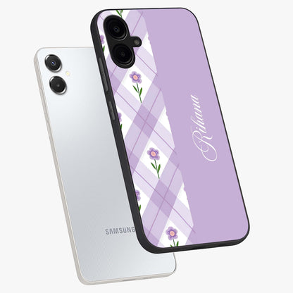 Purple Diamond Floral Glass Case displayed in angled mockup highlighting elegant purple flower design with decorative pattern.