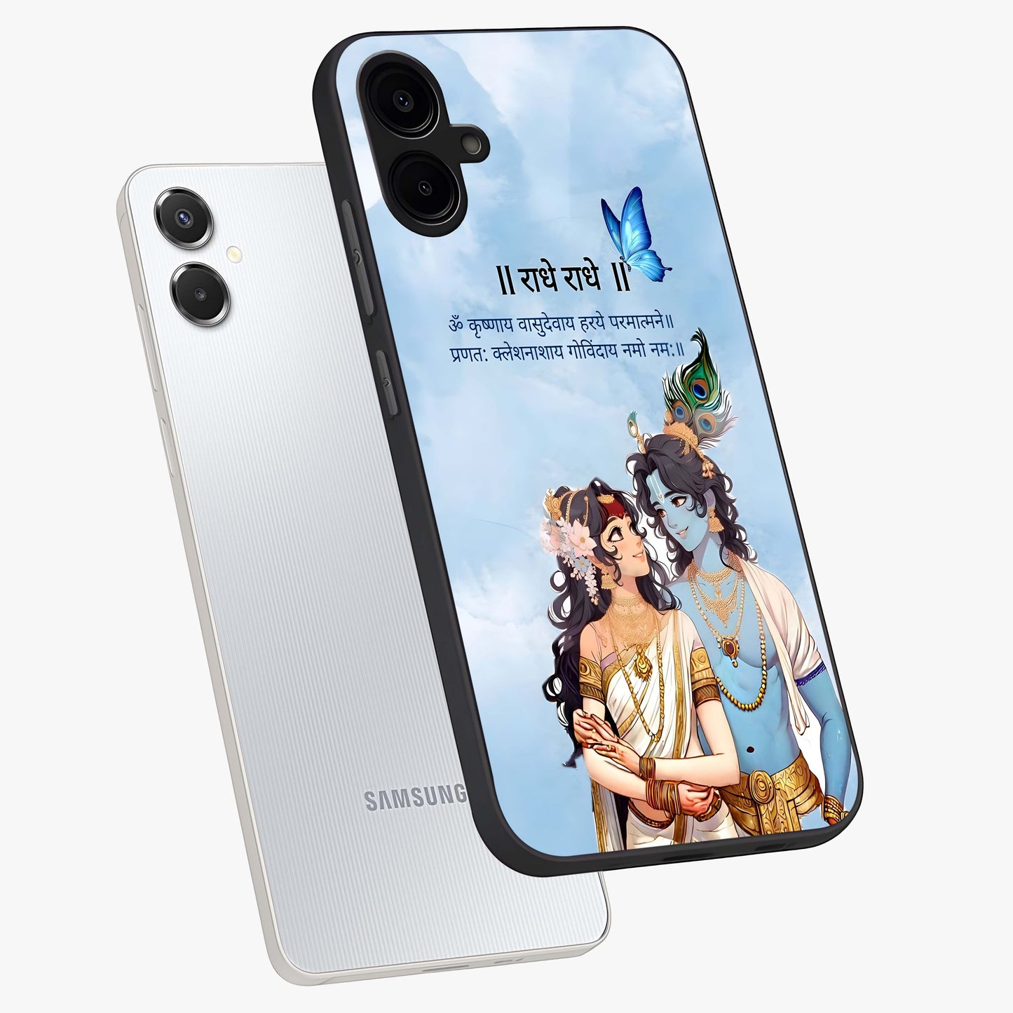 Radha Krishna Eternal Glass Case displayed in angled mockup highlighting divine Radha Krishna illustration with spiritual aesthetic.