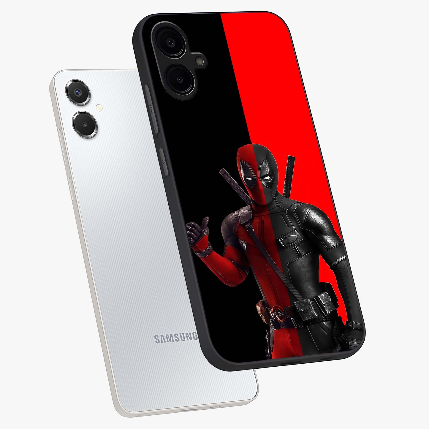 Red & Black Deadpool Theme Glass Case displayed in angled mockup highlighting vibrant superhero style illustration with action aesthetic.
