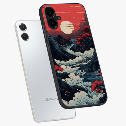 Red Sunset Scenery Glass Case displayed in angled mockup highlighting glowing sunset sky design with scenic aesthetic.