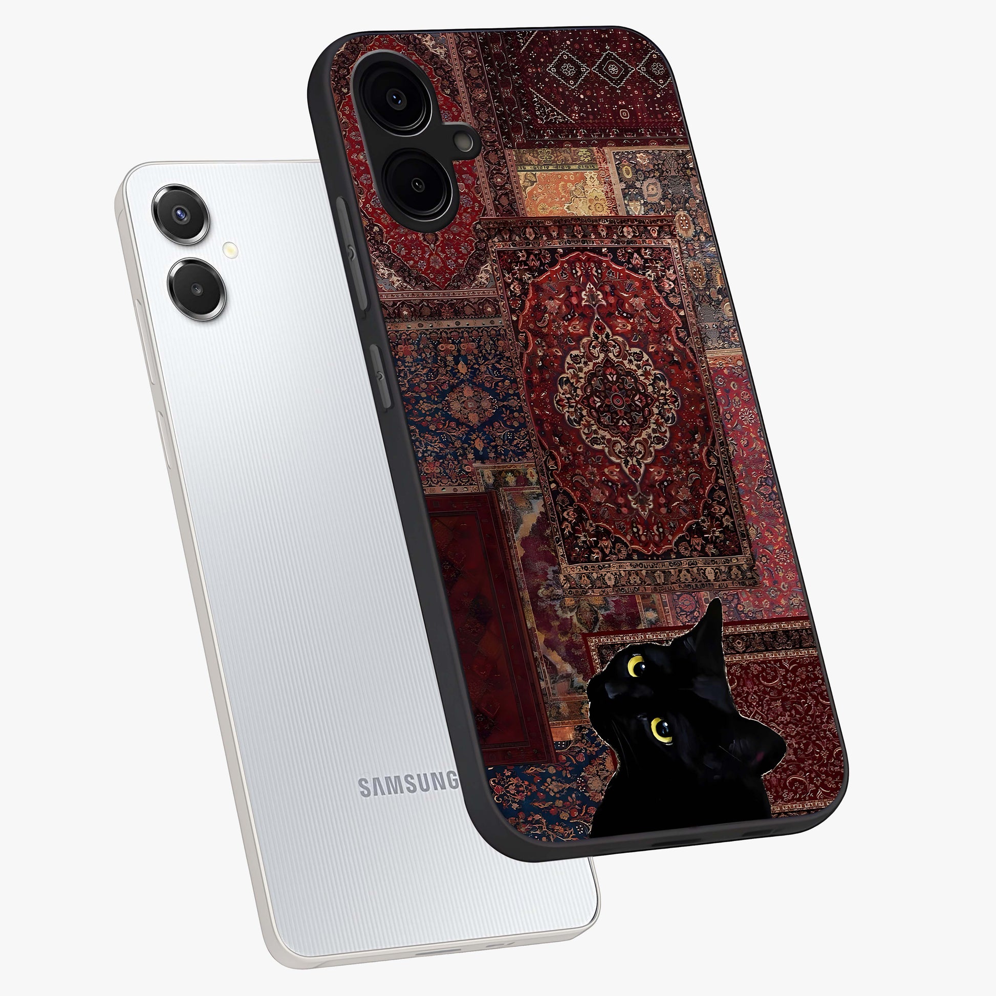 Regal Magic Cat Apple Glass Case displayed in angled mockup highlighting whimsical feline design with fantasy aesthetic.