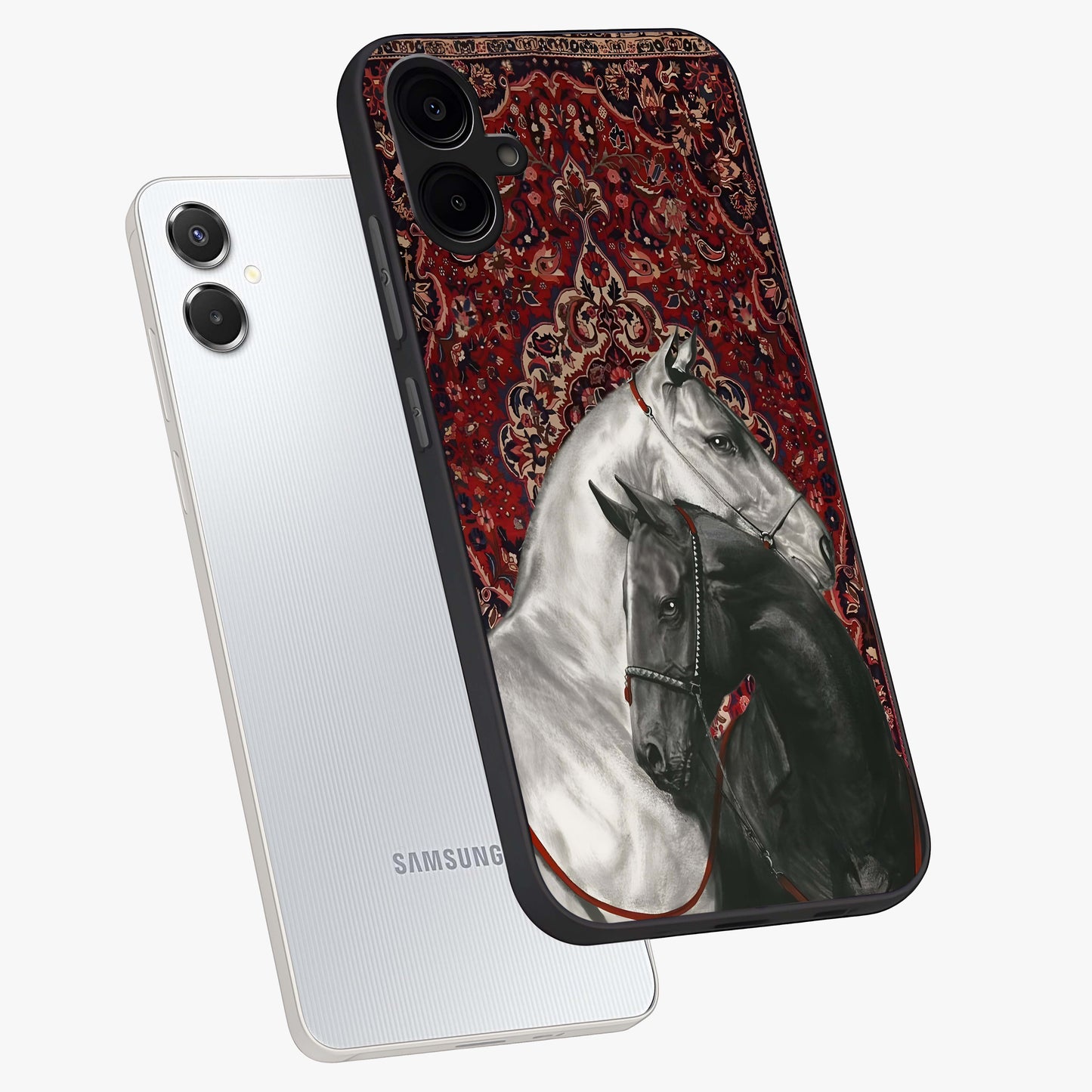 Regal Stallion Tapestry Glass Case displayed in angled mockup highlighting royal stallion design with decorative heritage aesthetic.