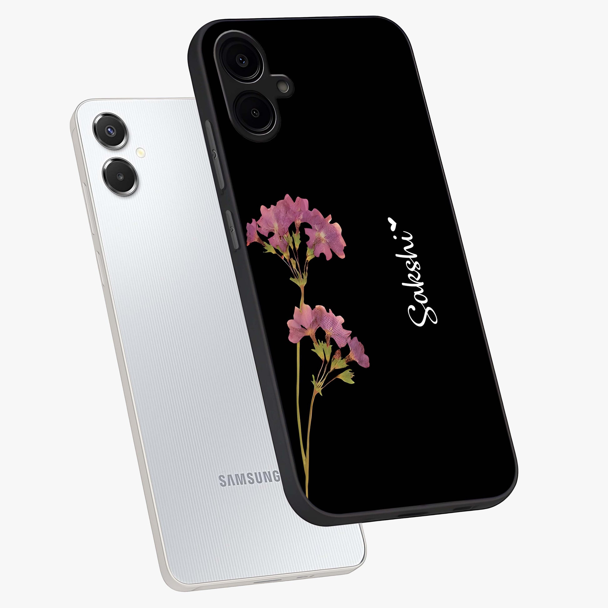 Riching Lavender Flower Custom Name Glass Case displayed in angled mockup highlighting delicate lavender flower design with custom name feature.