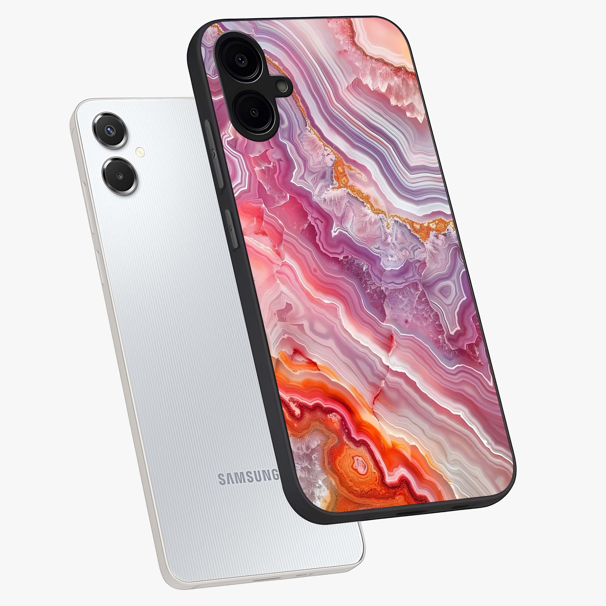 Rose Quartz Marble Glass Case displayed in angled mockup highlighting elegant marble pattern with soft aesthetic style.