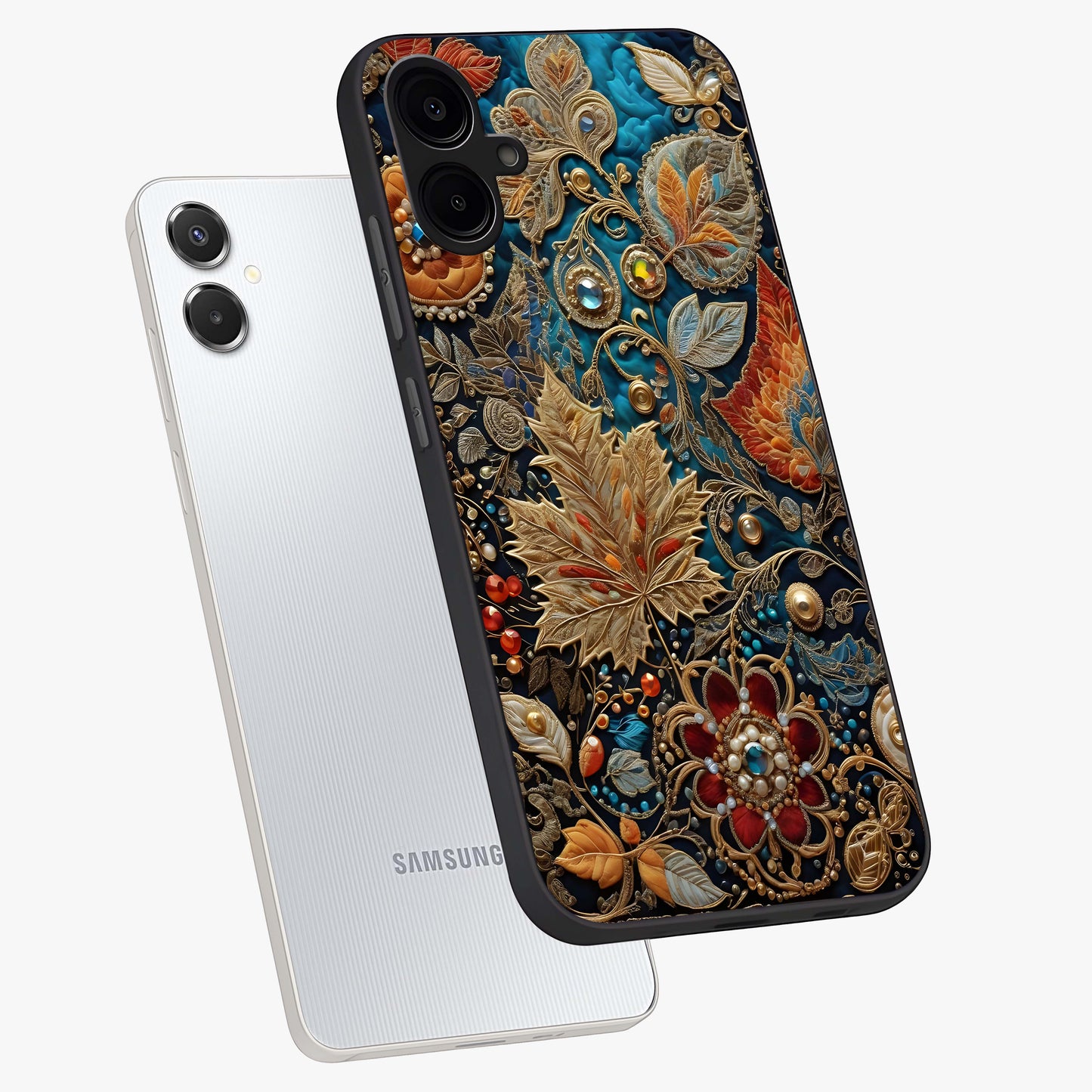 Royal Jewel Garden Glass Case displayed in angled mockup highlighting vibrant jewel inspired floral design with elegant aesthetic.