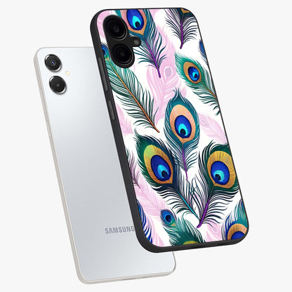 Royal Peacock Feathers Glass Case displayed in angled mockup highlighting vibrant feather pattern with regal aesthetic style.