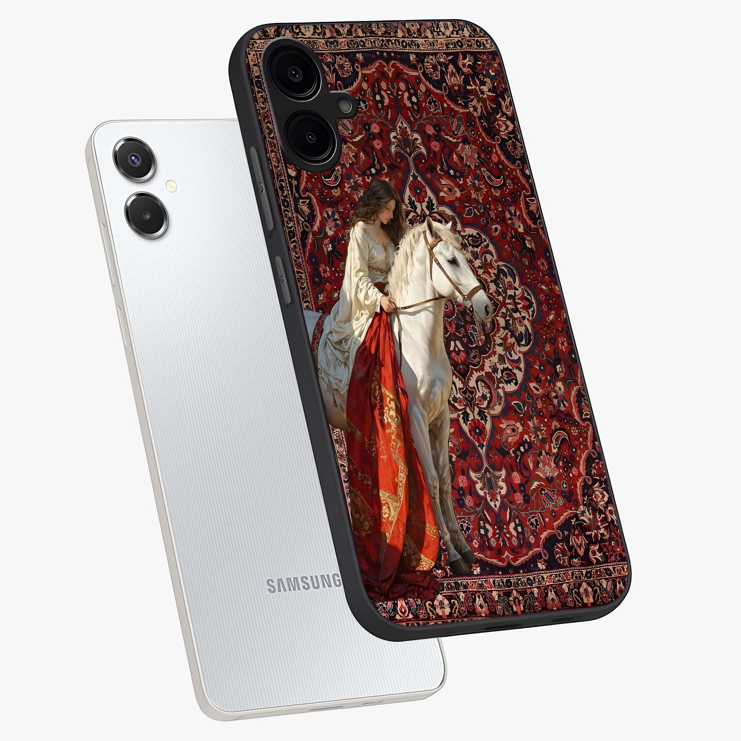 Royal Rider Tapestry Glass Case displayed in angled mockup highlighting traditional tapestry design with royal heritage aesthetic.