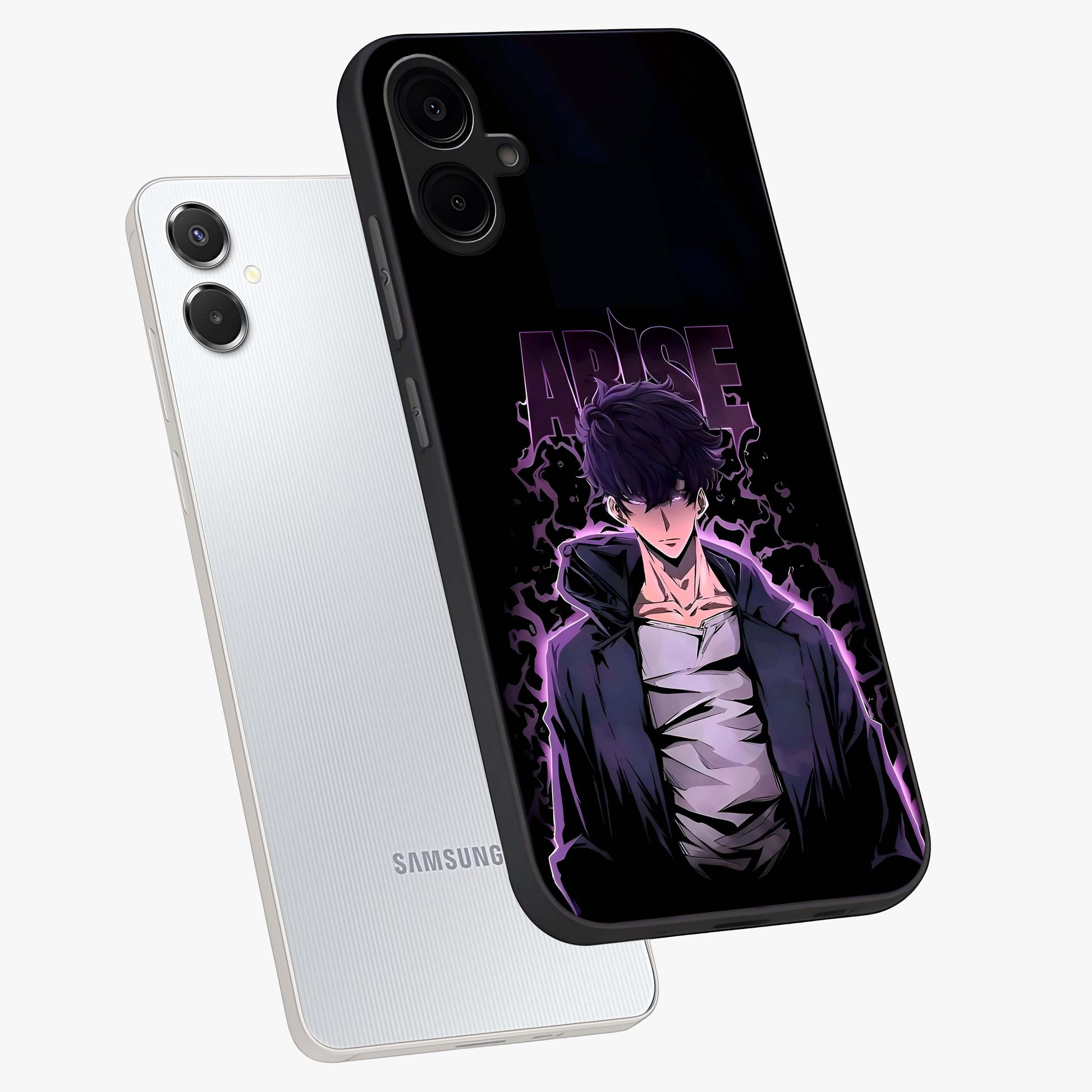 Shadow Monarch Awakening Glass Case displayed in angled mockup highlighting dramatic shadow warrior design with fantasy aesthetic.