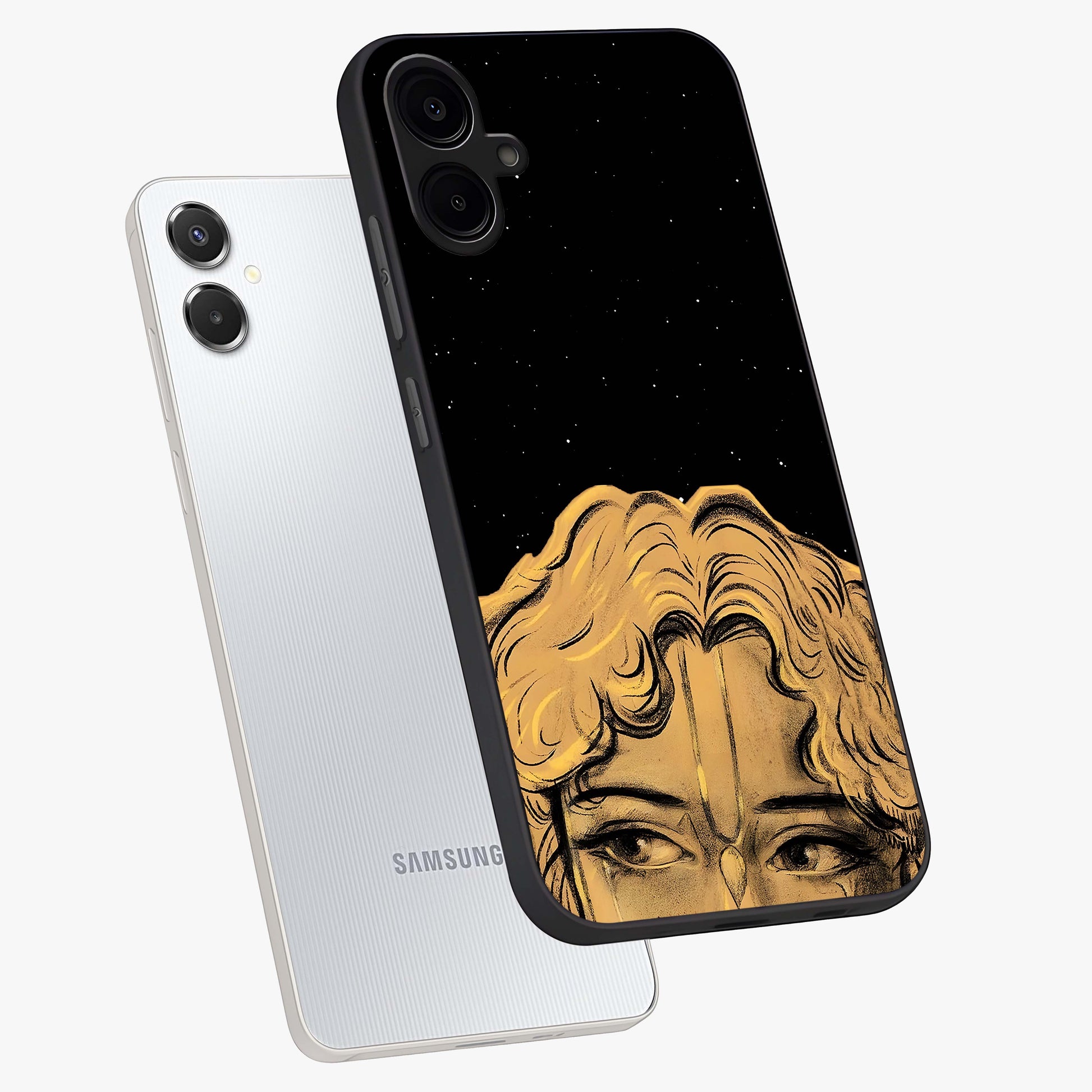 Shri Krishna Art Glass Case displayed in angled mockup highlighting spiritual Krishna illustration with divine aesthetic.