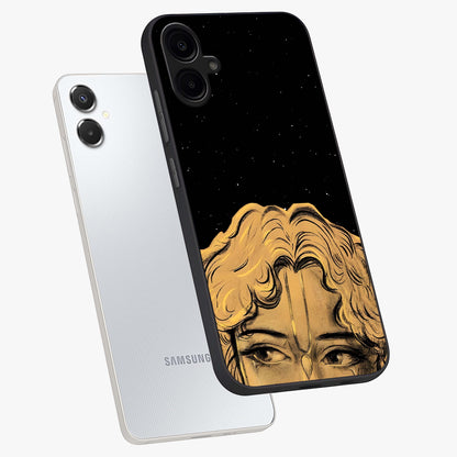 Shri Krishna Art Glass Case displayed in angled mockup highlighting spiritual Krishna illustration with divine aesthetic.