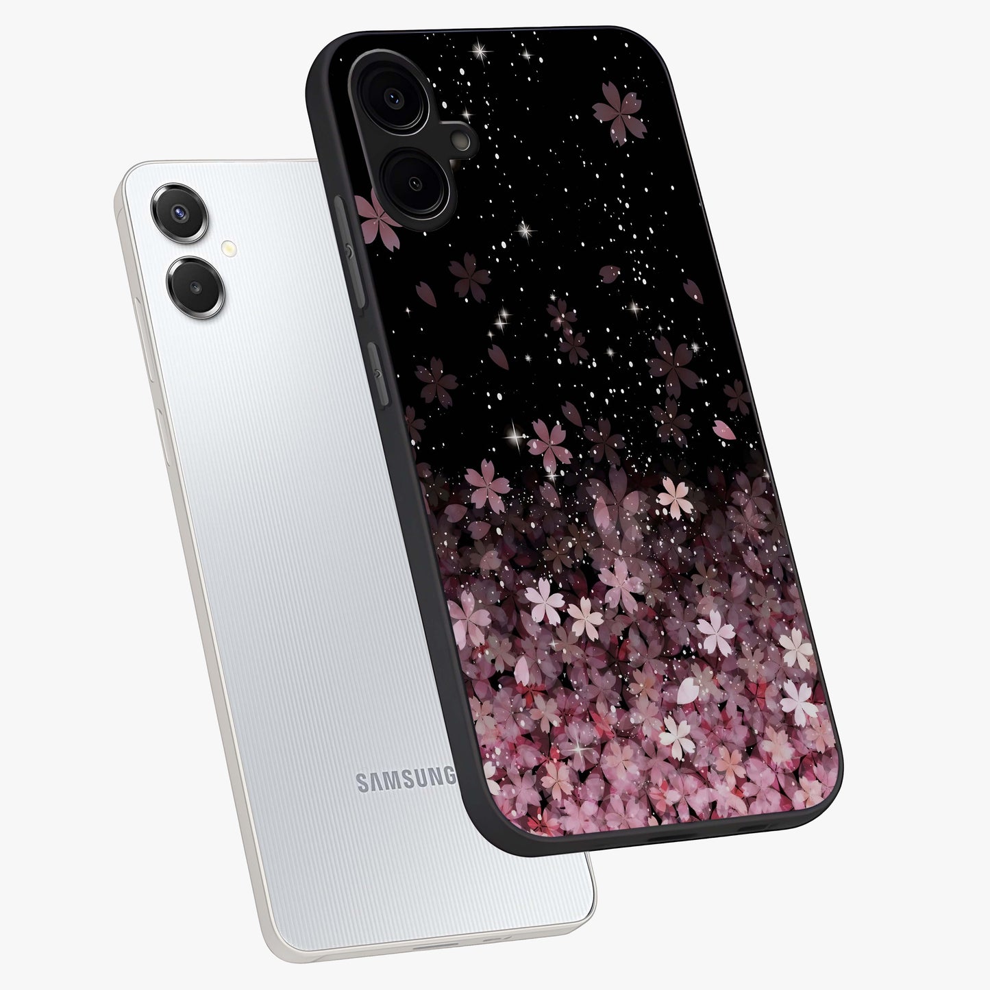 Small Starry Flowers Glass Case displayed in angled mockup highlighting tiny flower pattern with celestial aesthetic style.