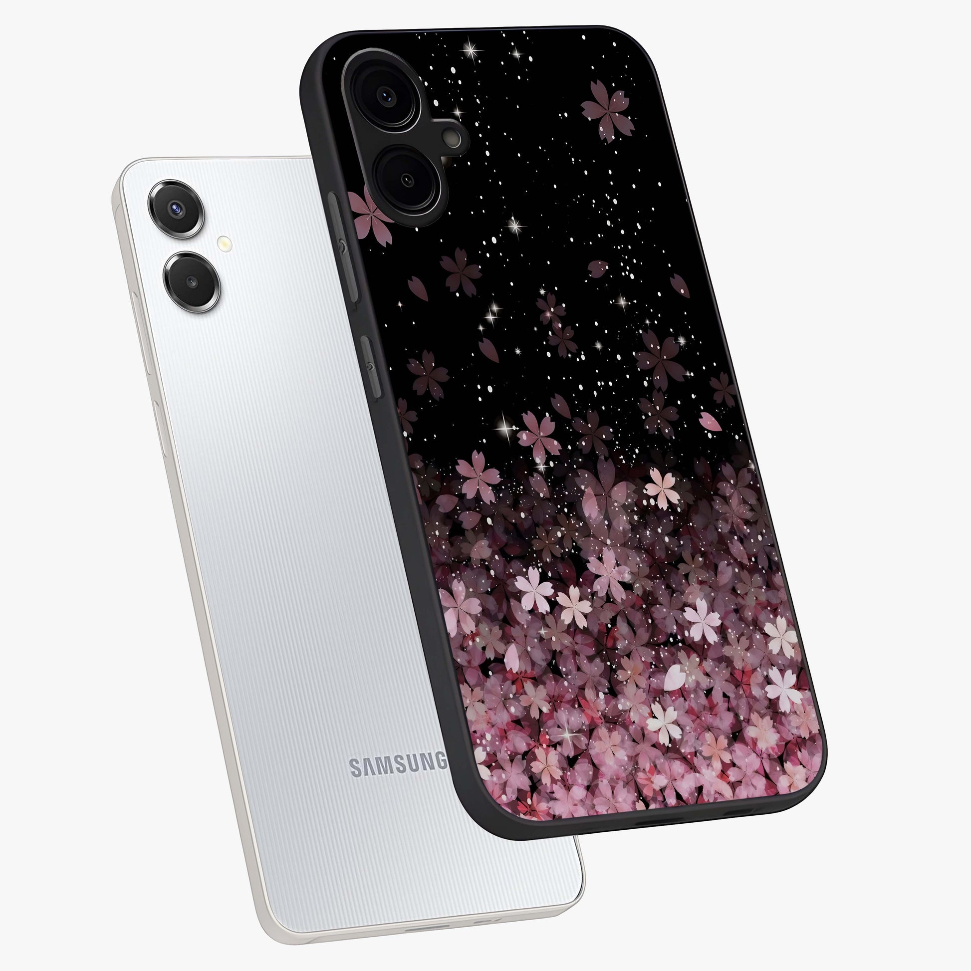 Small Starry Flowers Glass Case displayed in angled mockup highlighting tiny flower pattern with celestial aesthetic style.