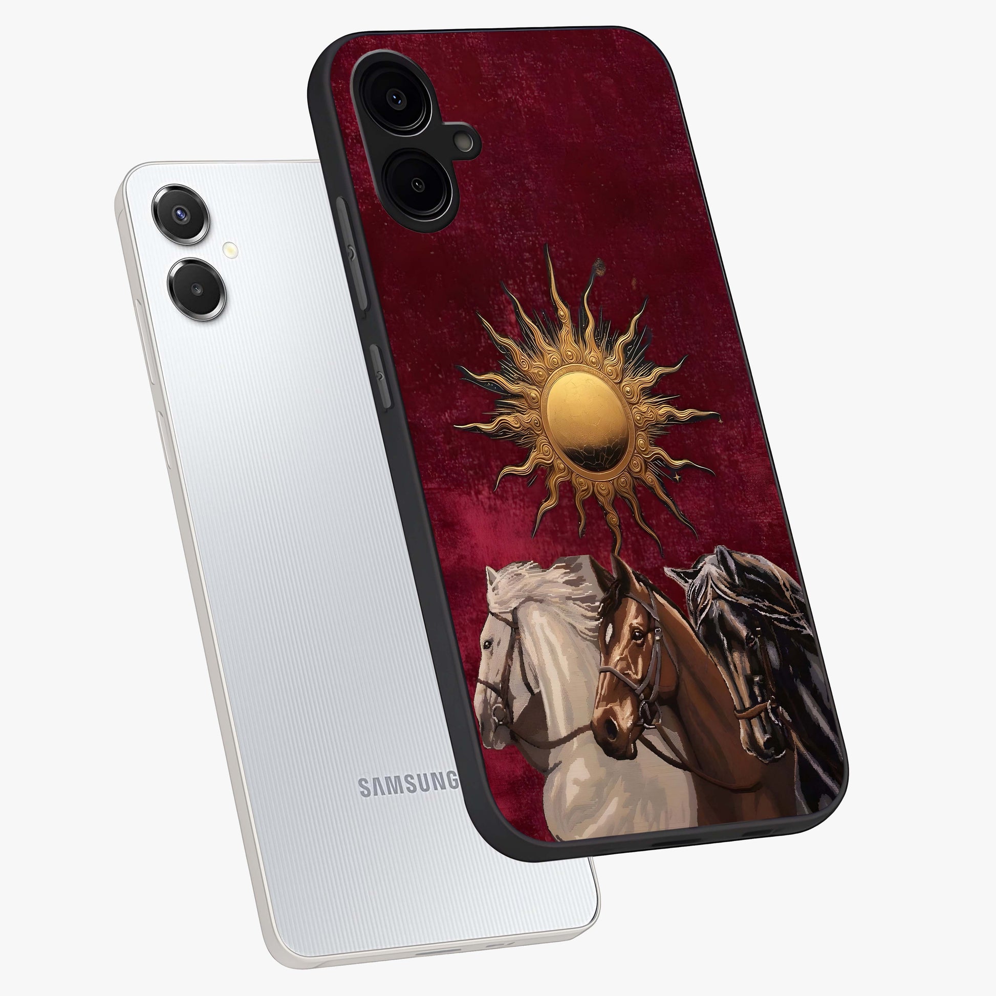 Solar Riders Glass Case displayed in angled mockup highlighting powerful rider illustration with radiant solar aesthetic.