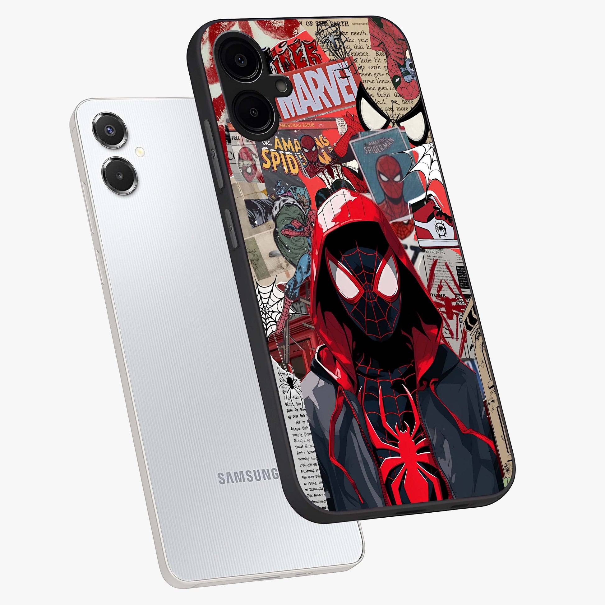 Spider Collage Street Glass Case displayed in angled mockup highlighting dynamic street style collage design with comic aesthetic.