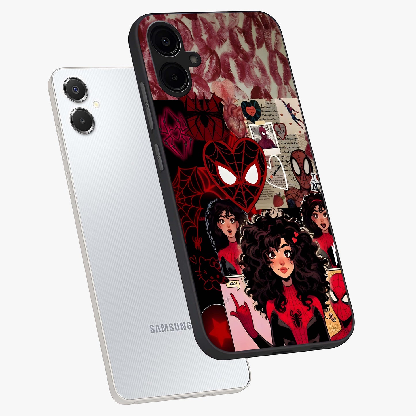 Spider Love Story Glass Case displayed in angled mockup highlighting expressive comic inspired design with playful aesthetic.