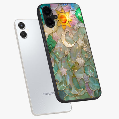 Stained Sunrise Glow Glass Case displayed in angled mockup highlighting radiant sunrise design with artistic aesthetic style.