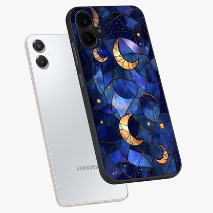 Starlit Sky Tapestry Glass Case displayed in angled mockup highlighting celestial night pattern with artistic aesthetic style.