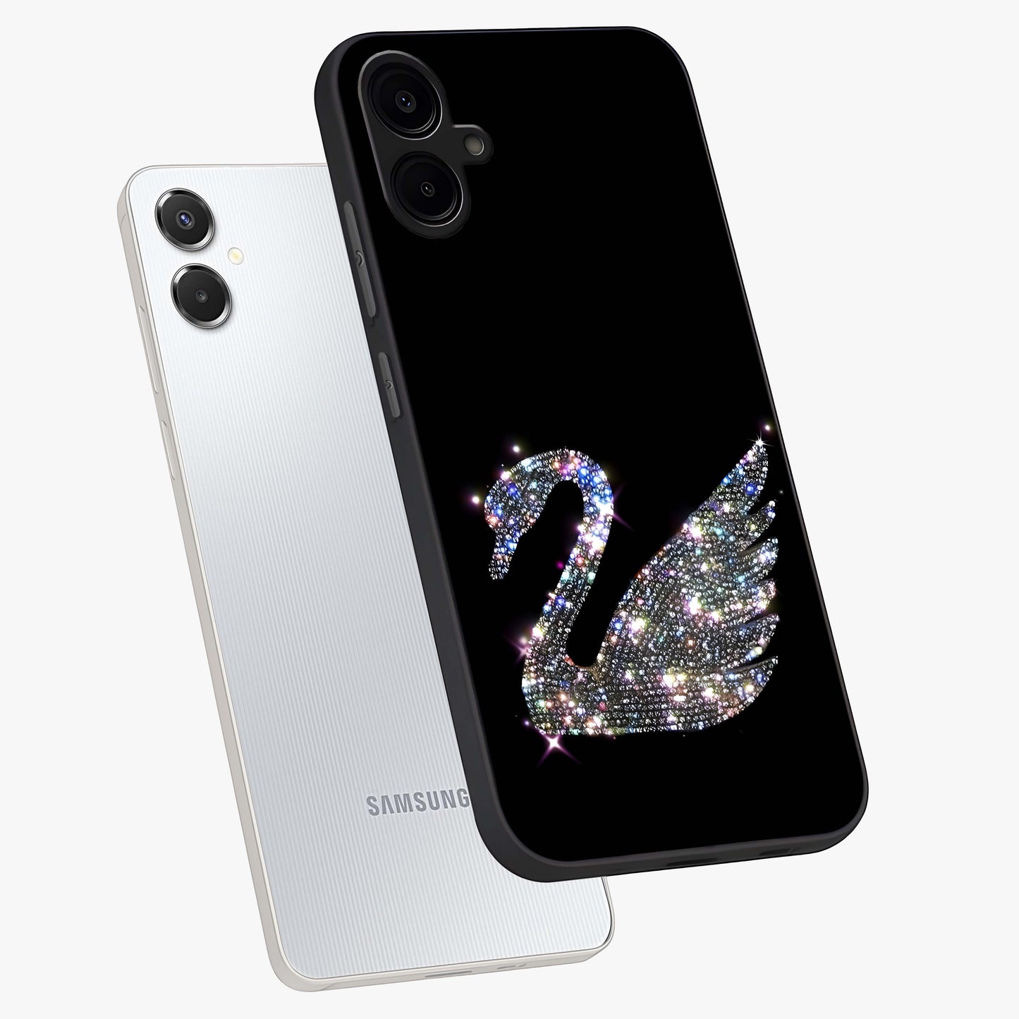 Starlit Swan Grace Glass Case displayed in angled mockup highlighting elegant swan illustration with dreamy celestial aesthetic.