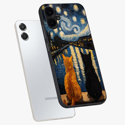 Starry River Cats Glass Case displayed in angled mockup highlighting charming feline illustration with dreamy night aesthetic.