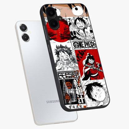 Strawhat Chaos Panels Glass Case displayed in angled mockup highlighting vibrant anime collage design with action aesthetic.
