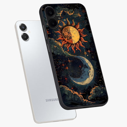 Sun And Moon Magic Design Glass Case displayed in angled mockup highlighting celestial design with magical cosmic aesthetic.