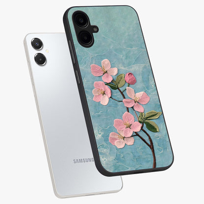 Threaded Blossom Breeze Glass Case displayed in angled mockup highlighting elegant floral design with soft aesthetic style.