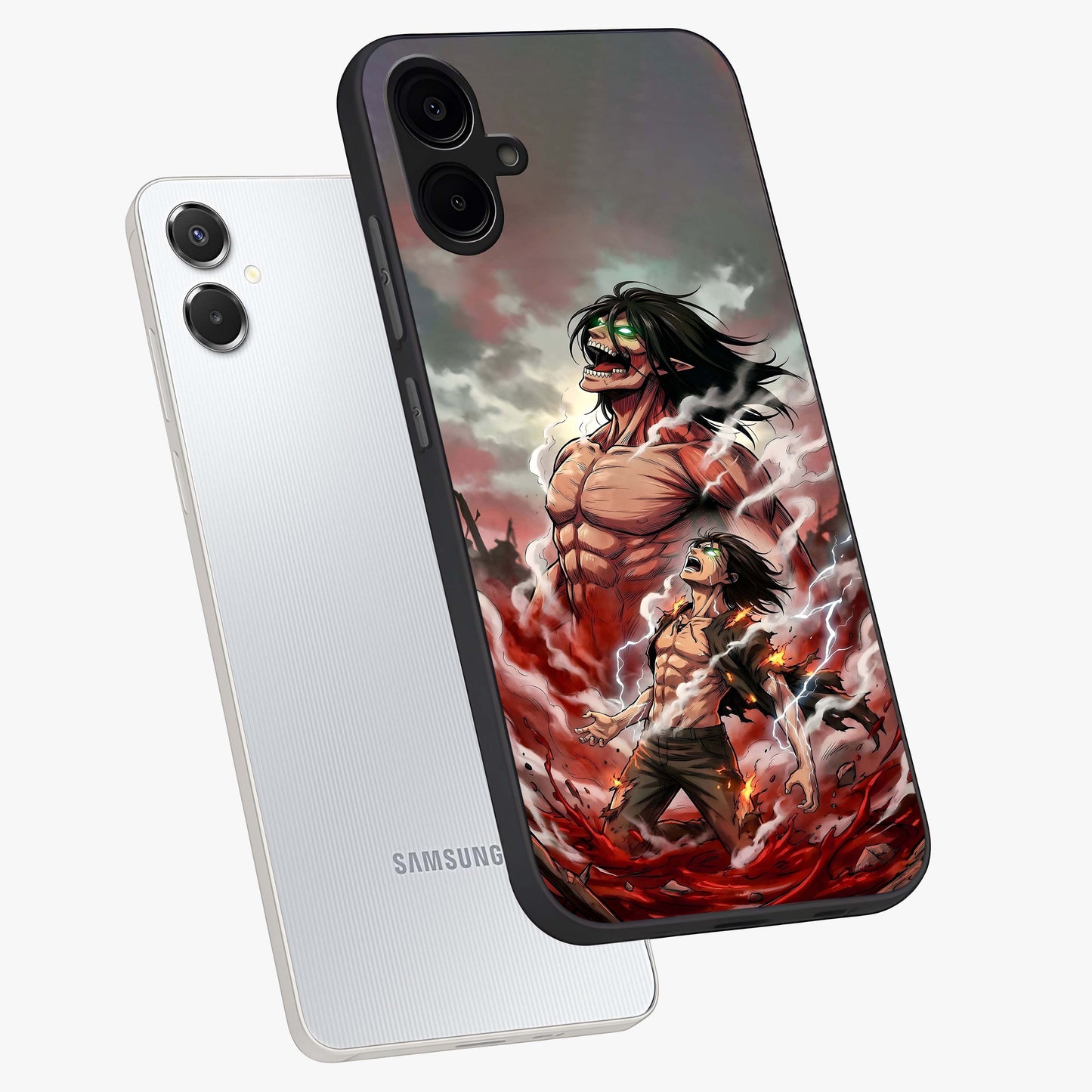 Titan Awakening Fury Glass Case displayed in angled mockup highlighting dramatic giant warrior design with bold anime aesthetic.