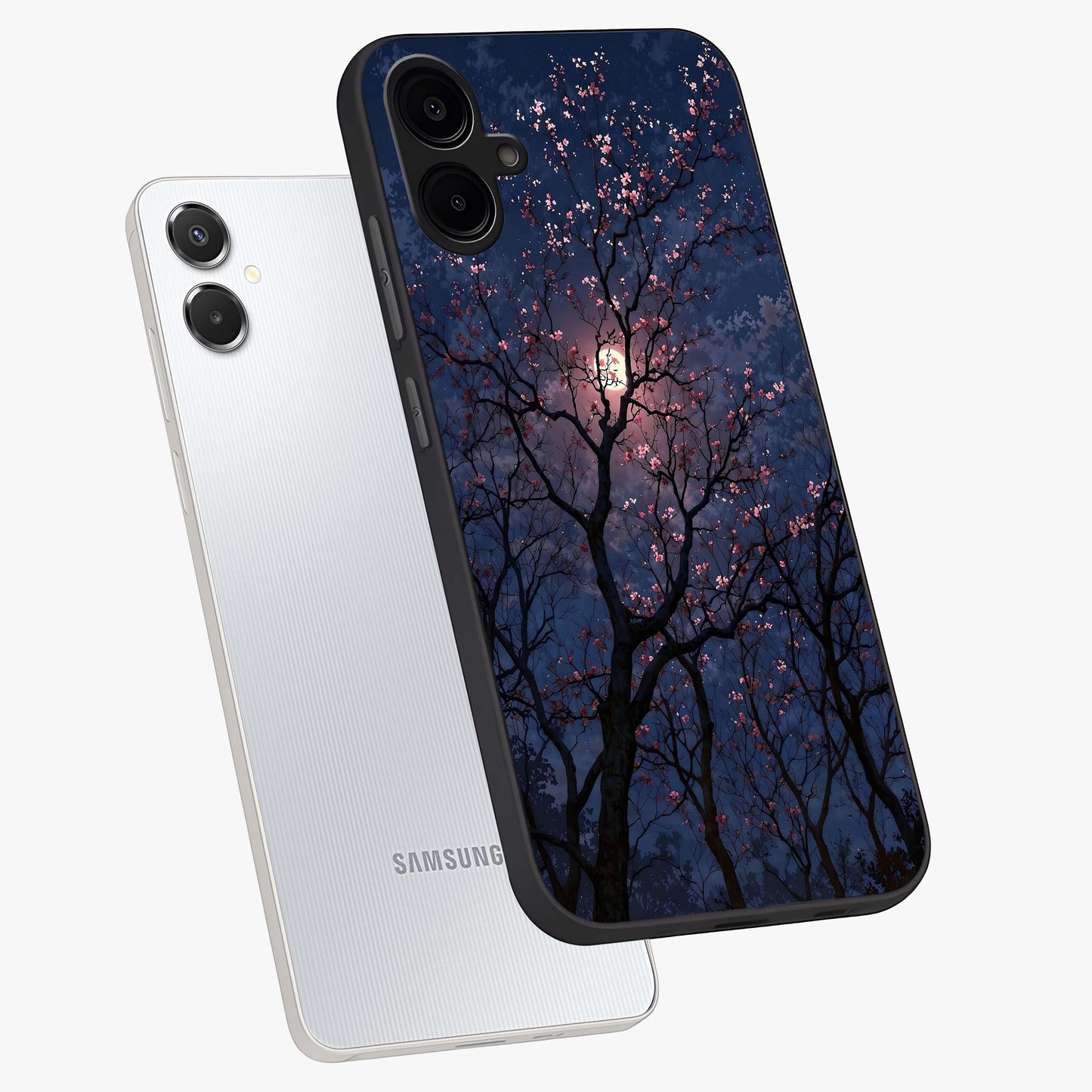 Twilight Sakura Serenade Glass Case displayed in angled mockup highlighting delicate sakura flower design with dreamy aesthetic.