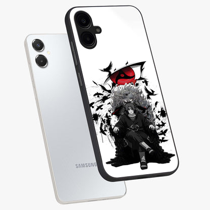 Uchiha Shadow Throne Glass Case displayed in angled mockup highlighting glowing aquatic design with celestial aesthetic.