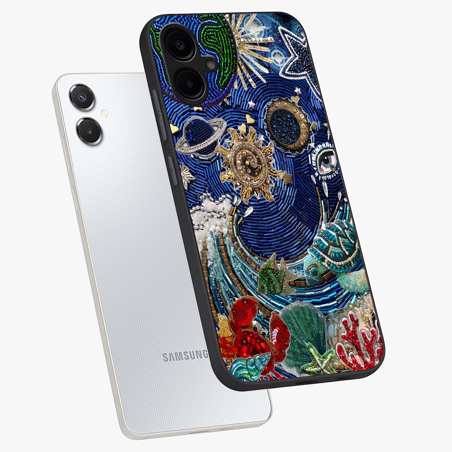 Universe Underwater Spark Glass Case displayed in angled mockup highlighting glowing aquatic design with celestial aesthetic.
