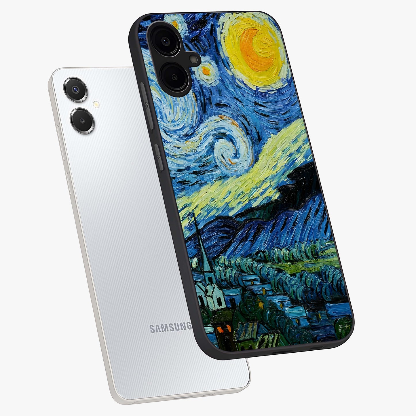 Van Gogh Art Glass Case displayed in angled mockup highlighting swirling brushstroke design with artistic aesthetic.