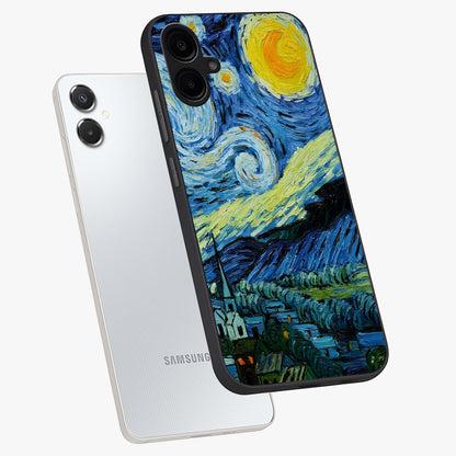 Van Gogh Art Glass Case displayed in angled mockup highlighting swirling brushstroke design with artistic aesthetic.