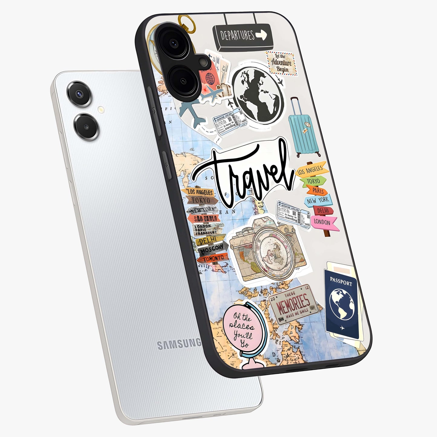 Wanderlust Journal Glass Case displayed in angled mockup highlighting adventure themed design with aesthetic travel vibe.