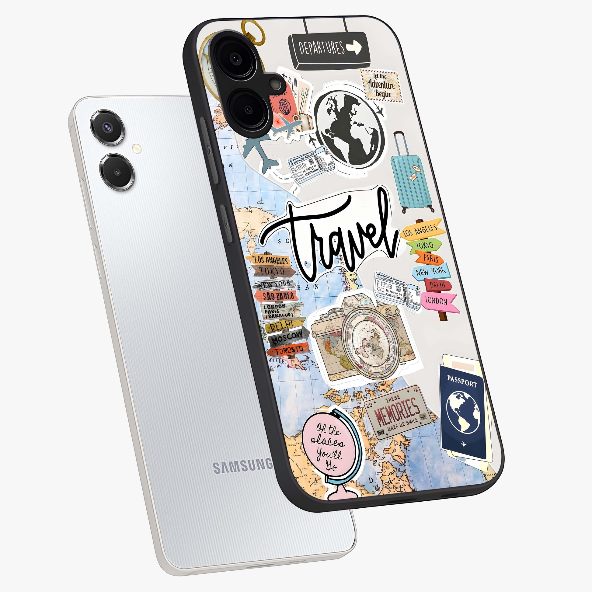 Wanderlust Journal Glass Case displayed in angled mockup highlighting adventure themed design with aesthetic travel vibe.