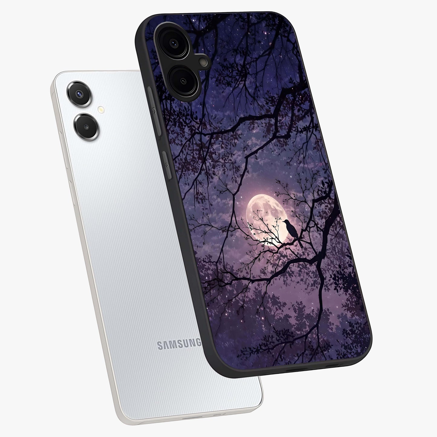 Whispering Moon Silence Glass Case displayed in angled mockup highlighting calm lunar design with dreamy night aesthetic.