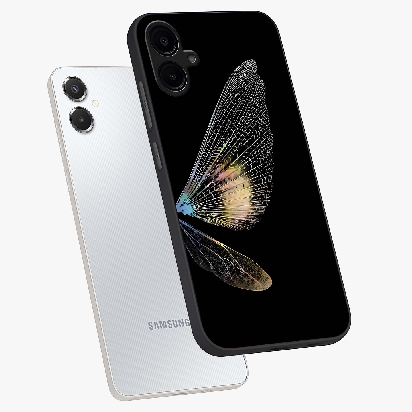 Whispers Of Wings Glass Case displayed in angled mockup highlighting soft feather design with celestial aesthetic style.
