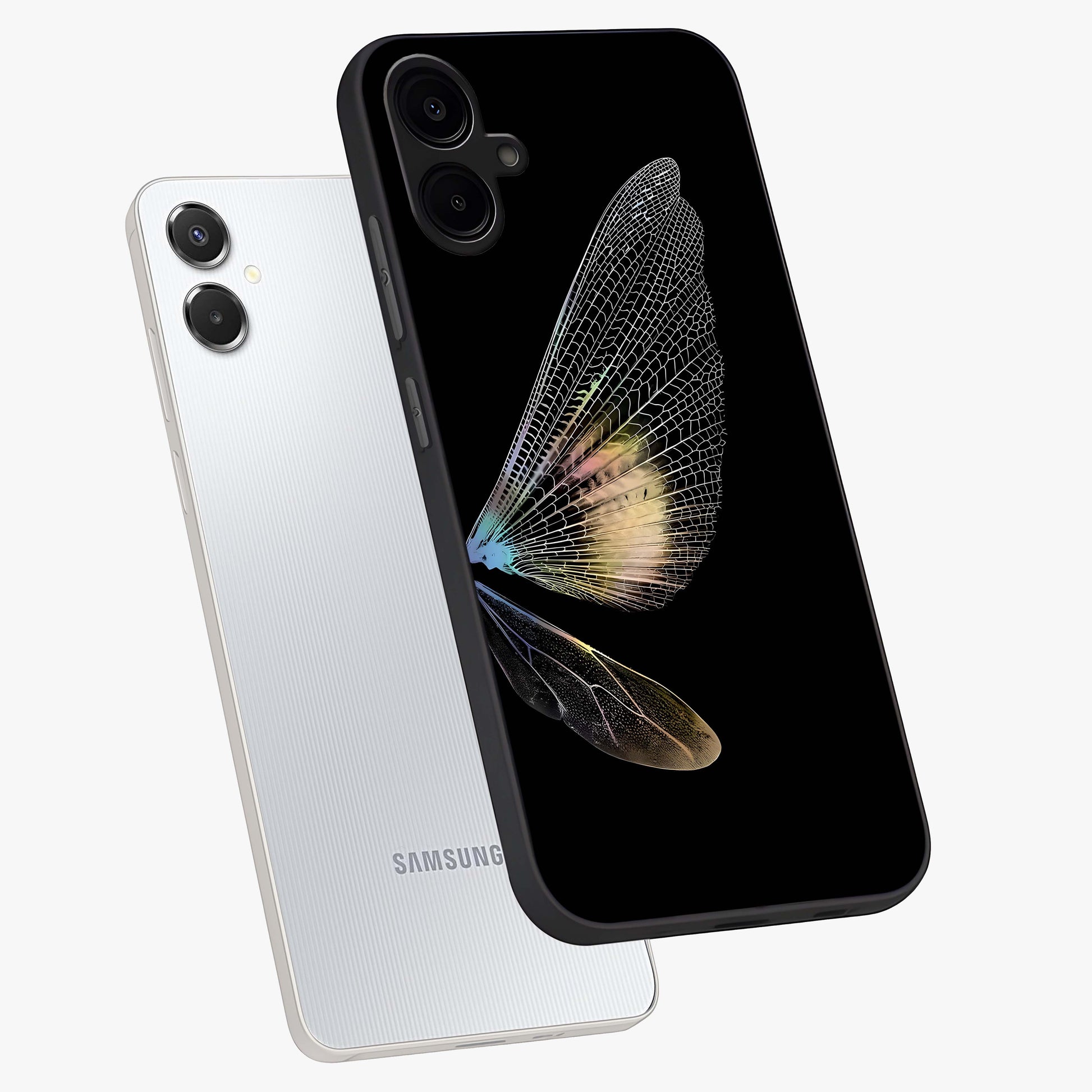 Whispers Of Wings Glass Case displayed in angled mockup highlighting soft feather design with celestial aesthetic style.