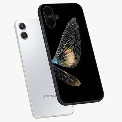 Whispers Of Wings Glass Case displayed in angled mockup highlighting soft feather design with celestial aesthetic style.