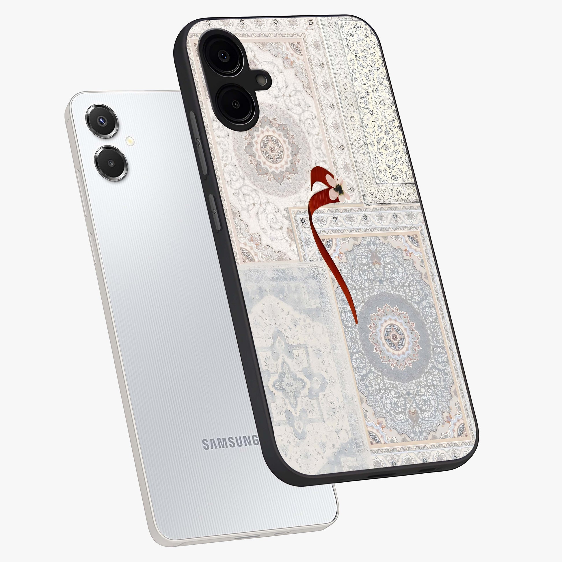 White Aesthetic Bow Glass Case displayed in angled mockup highlighting clean bow design with soft aesthetic style.