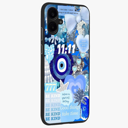 Aesthetic Be Kind Eye Glass Case upright view showcasing stylish eye illustration with positive message theme.