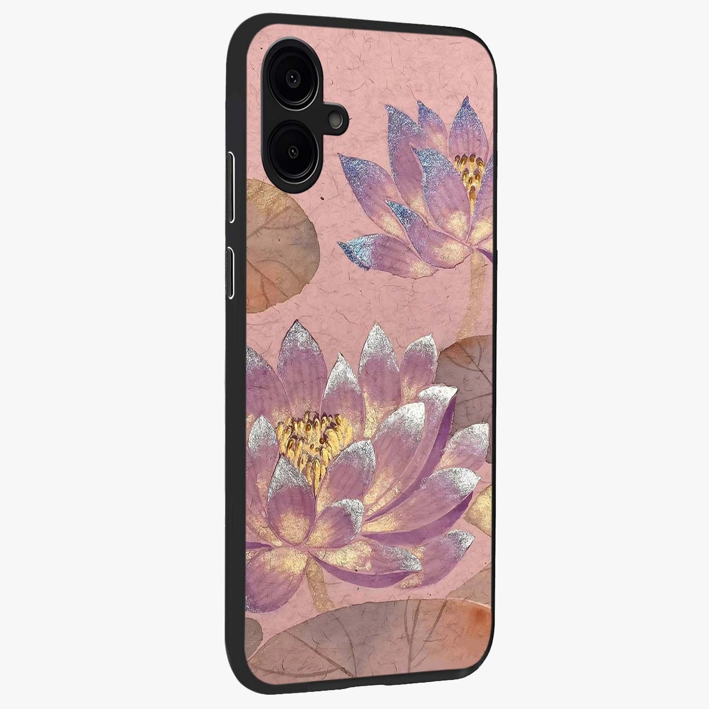Blossom Mist Lotus Glass Case upright view showcasing graceful lotus flower design with peaceful botanical style.
